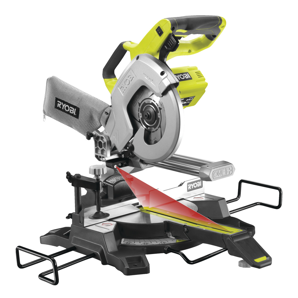 Ryobi akumulatorska potezno-nagibna pila R18MS216-0 - 18V ONE+, list pile 216mm/48z, broj okretaja 3200/min, rad pod kutom do 45⁰ i nagibom do 45⁰, laser za označavanje mjesta reza