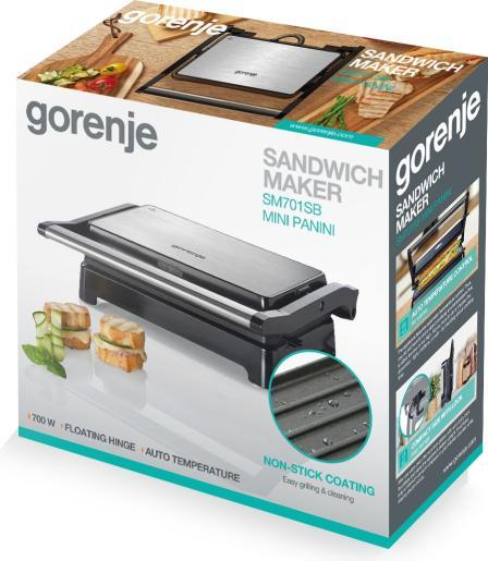 GORENJE toster sendvič SM701SB -mini gril, 700 W; 21 x 14 cm; automatska kontrola temperature; crno/sivo