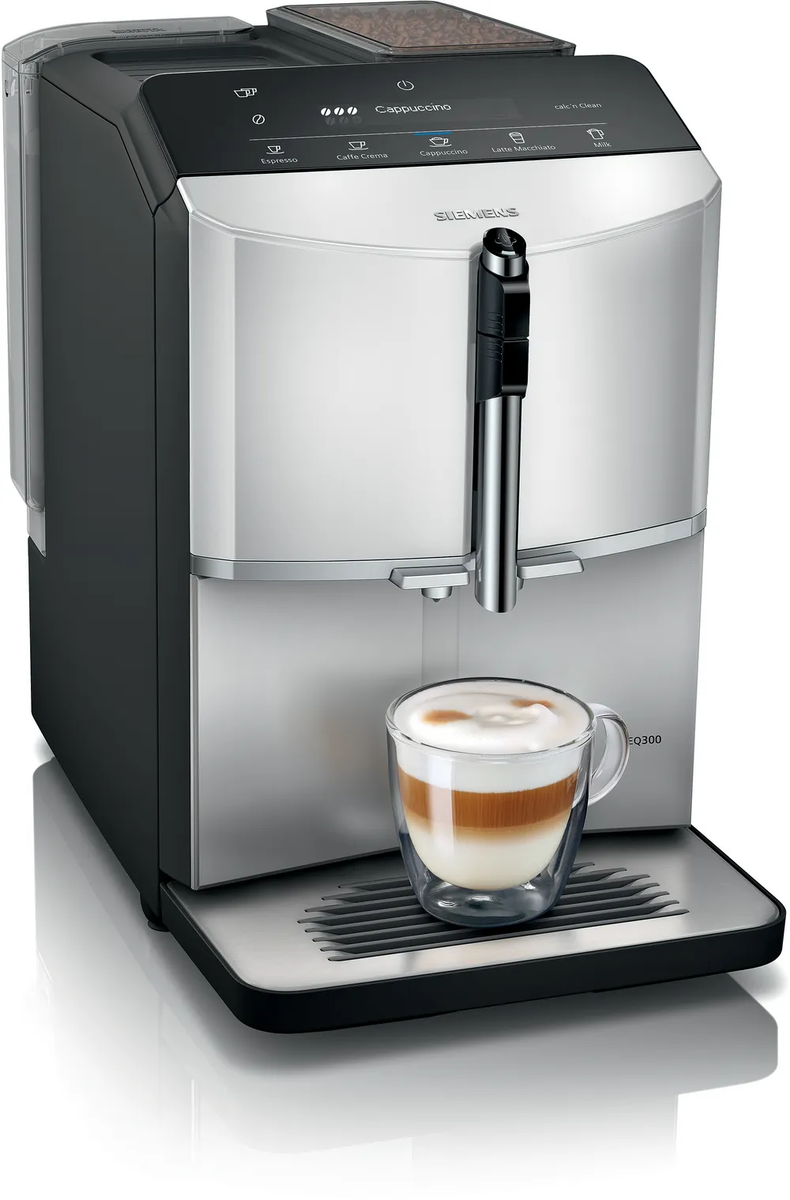 SIEMENS automatski kafe aparat TF303E01; EQ300; 15 Bara; Keramički mlin; Mlaznica za mlijeko za pjenjenje u šoljici; LCD display; coffeeDirect zaslon; iAroma sistem; srebrena