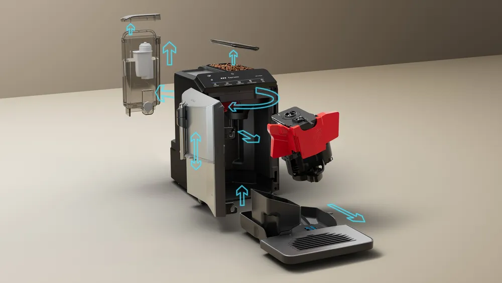 SIEMENS automatski kafe aparat TF303E01; EQ300; 15 Bara; Keramički mlin; Mlaznica za mlijeko za pjenjenje u šoljici; LCD display; coffeeDirect zaslon; iAroma sistem; srebrena