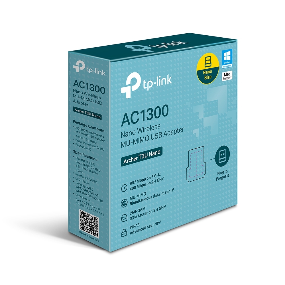 TP-Link Archer T3U Nano AC1300 Nano Wireless MU-MIMO USB Adapter,Nano size, 867Mbps at 5GHz + 400Mbps at 2.4GHz, USB 2.0, WPA3, Supports Windows 11/10/8.1/8/7, Mac OS 10.15 and earlier
