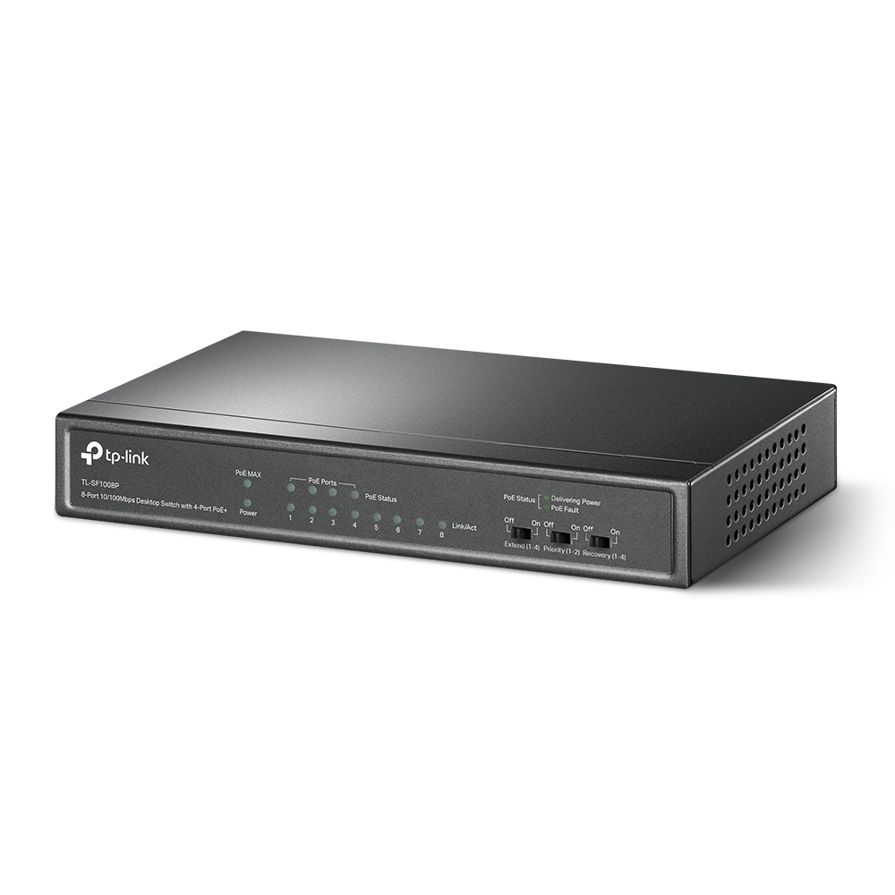 TP-Link switch Tl-SF1008P, 8-port 10/100Mbps Desktop PoE Switch, 8 10/100Mbps RJ45 ports including 4 PoE ports, 57W PoE Power supply, steel case