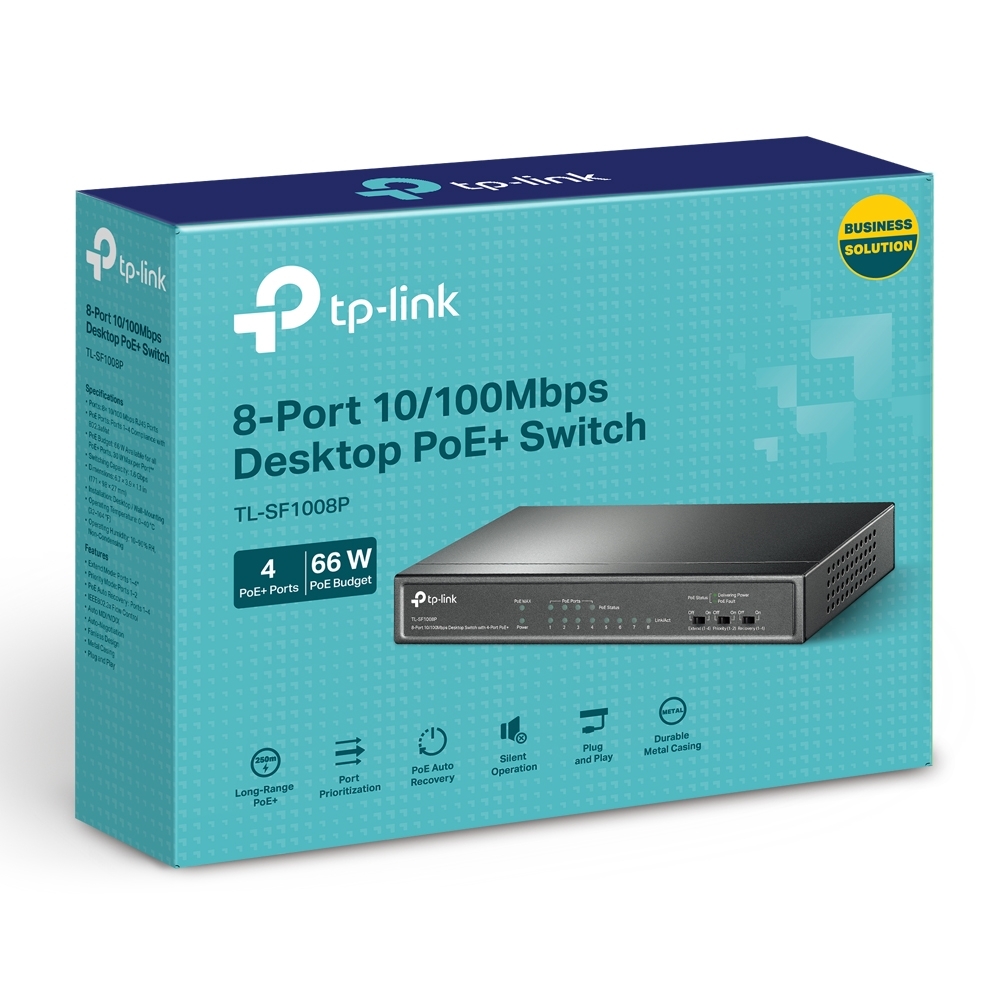 TP-Link switch Tl-SF1008P, 8-port 10/100Mbps Desktop PoE Switch, 8 10/100Mbps RJ45 ports including 4 PoE ports, 57W PoE Power supply, steel case
