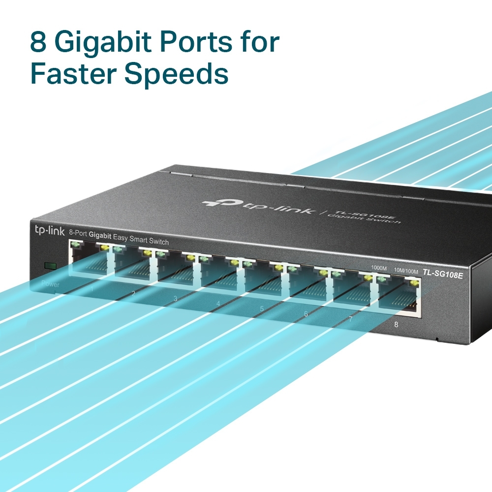 TP-Link switch TL-SG108E 8-Port Gigabit Easy Smart Switch, 8 x 10/100/1000Mbps RJ45 ports, MTU/Port/Tag-based VLAN