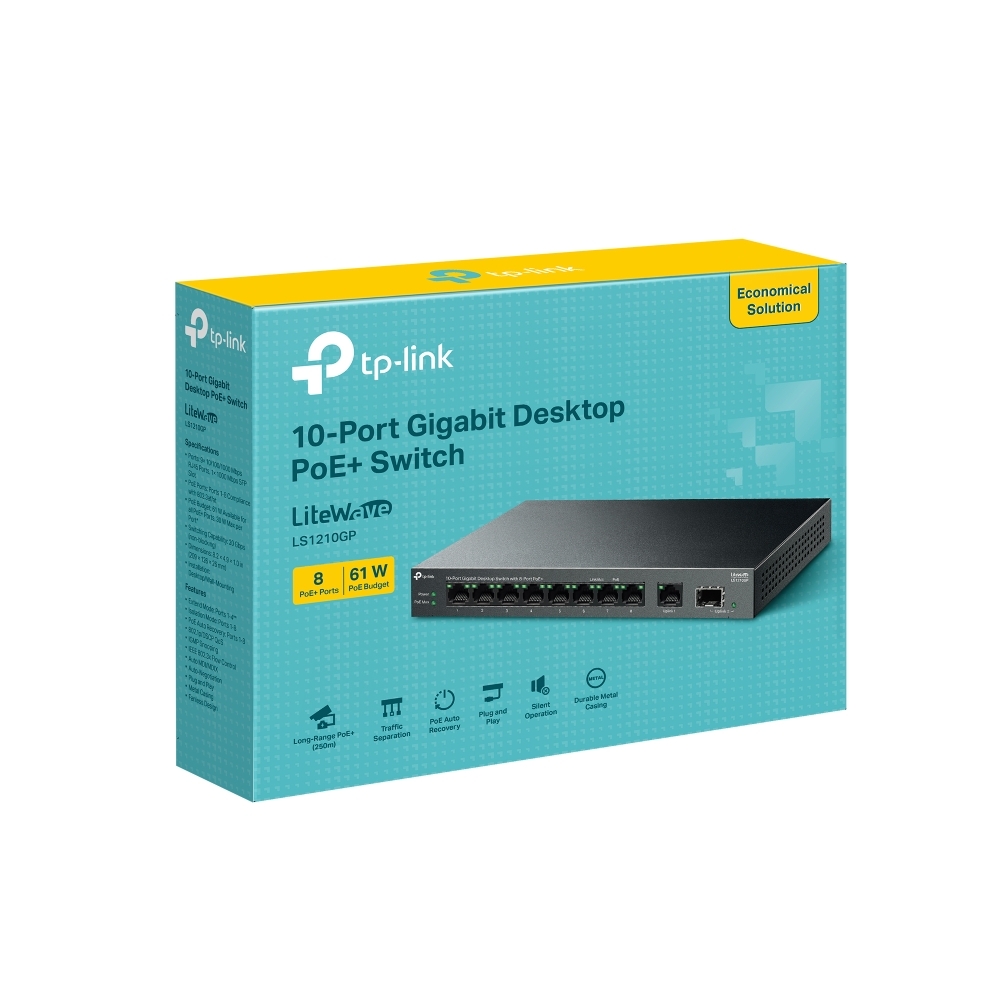 TP-Link LS1210GP 10-Port Gigabit Desktop Switch with 8-Port PoE+, 8× Gigabit PoE+ Ports, 1x Gigabit Non-PoE Port, 1× Gigabit SFP Slot