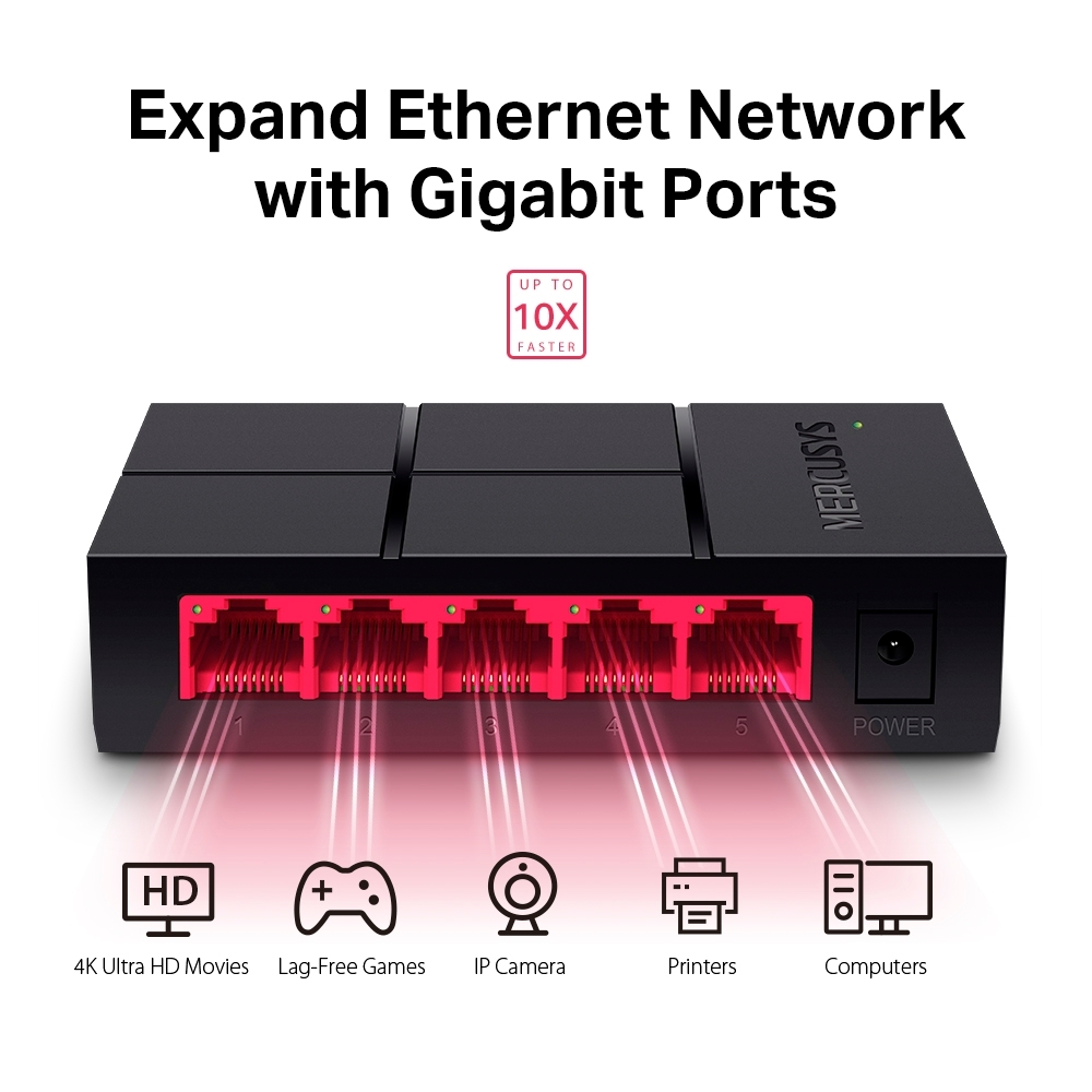 Mercusys MS105G 5-Port 10/100/1000 Mbps Desktop Switch, 5 x 10/100/1000 Mbps RJ-45 ports
