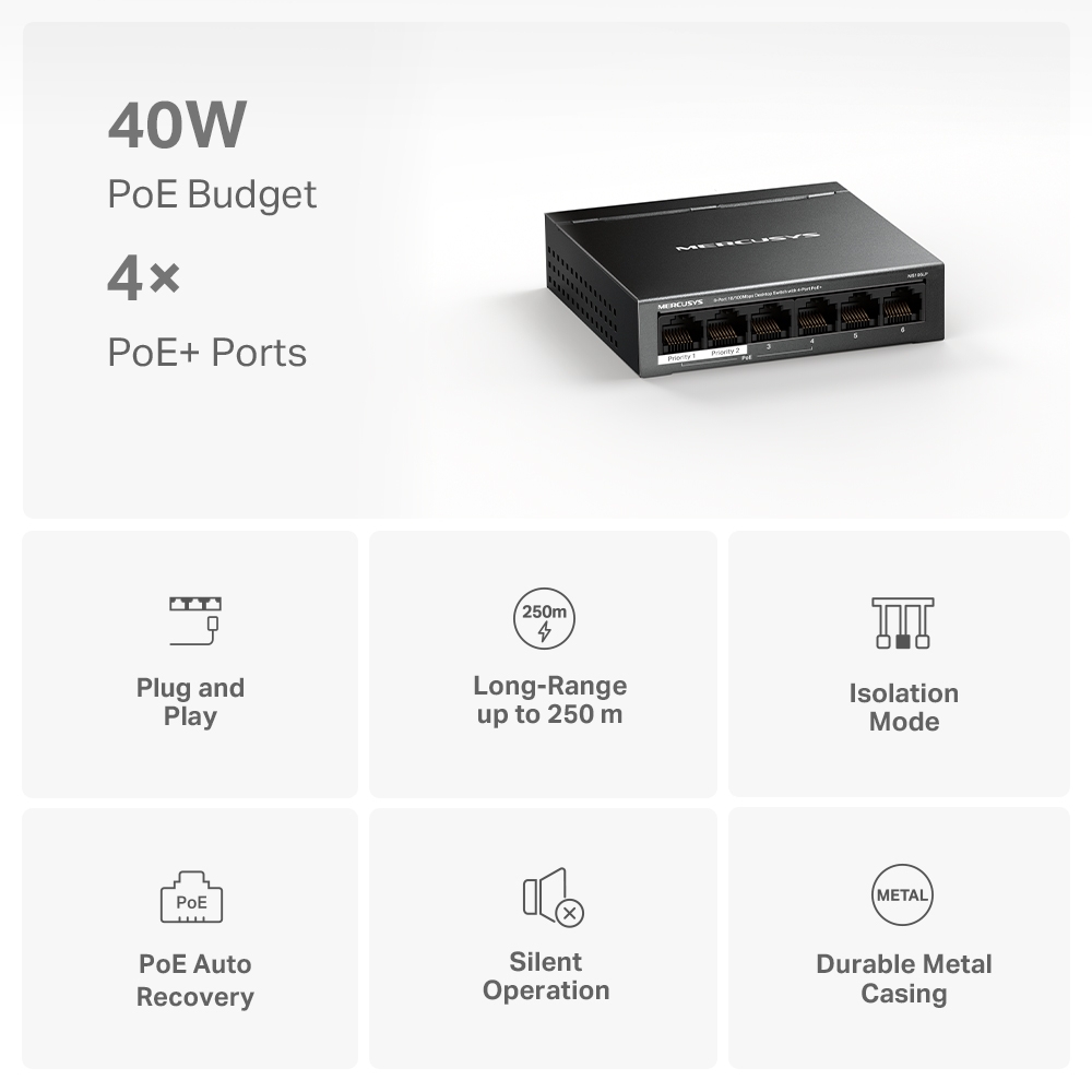 Mercusys MS106LP 6-Port 10/100 Mbps Desktop Switch with 4-Port PoE+, Compatible with 802.3af/at PDs, 40 W PoE Power