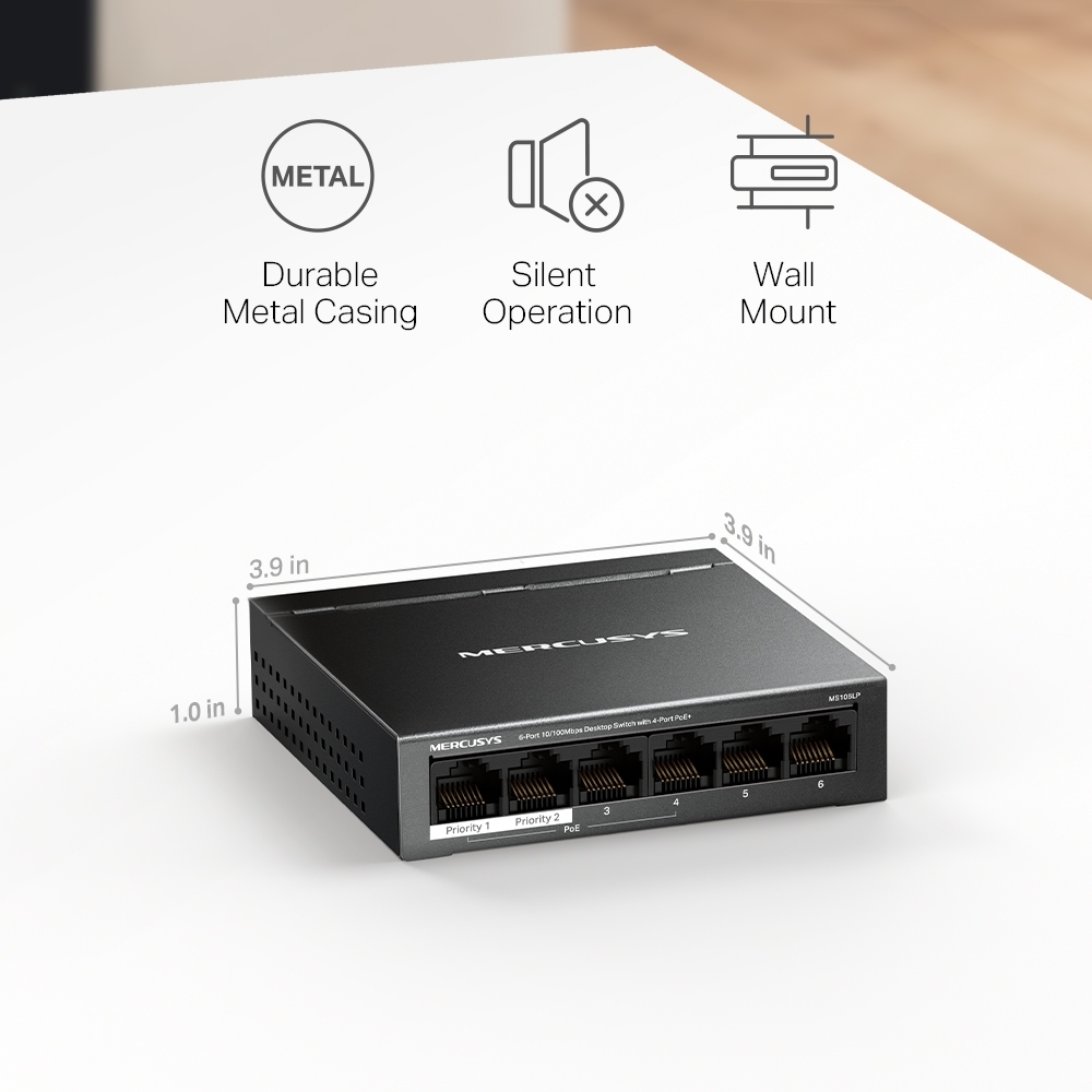 Mercusys MS106LP 6-Port 10/100 Mbps Desktop Switch with 4-Port PoE+, Compatible with 802.3af/at PDs, 40 W PoE Power