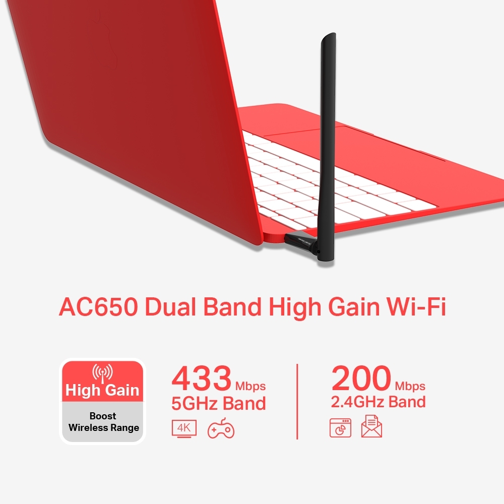 Mercusys MU6H AC650 High Gain Wireless Dual Band USB Adapter, 433Mbps at 5GHz + 200Mbps at 2.4GHz