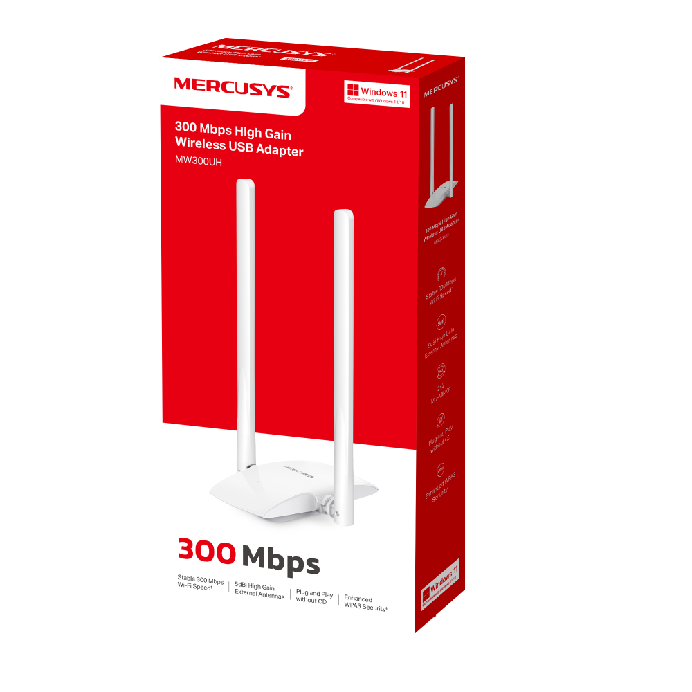 Mercusys MW300UH 300Mbps High Gain wireless N USB adapter, two 5dBi High Gain antennas