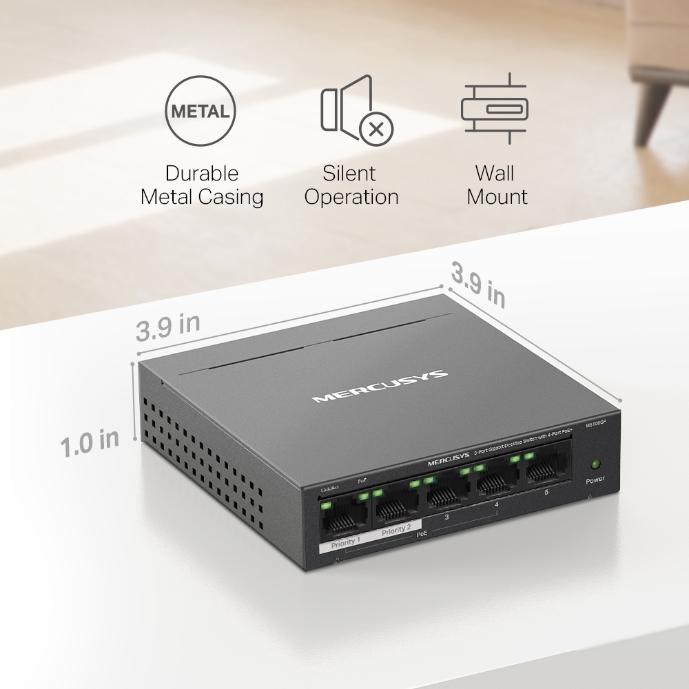 Mercusys MS105GP 5-Port Gigabit Desktop Switch with 4-Port PoE+, 4×Gigabit PoE+ Ports, 1×Gigabit Non-PoE Port