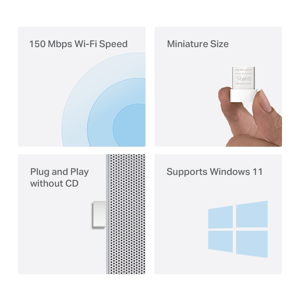 Mercusys MW150US N150 Wireless Nano USB Adapter, 150 Mbps on 2.4 GHz Nano Size
