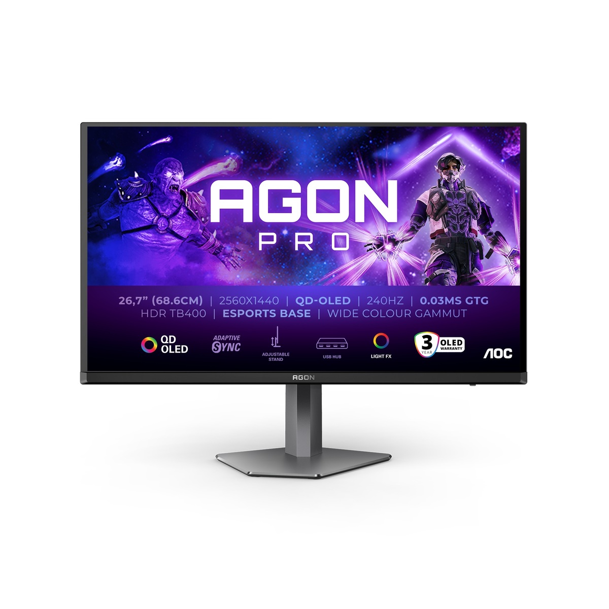 AOC monitor AG276QZD2 gaming AGON PRO, 27, QHD, OLED, 1000 cd/m2, HDR400, Adaptive Sync, HDMI, DP, USB Hub, 240Hz, 0.03ms