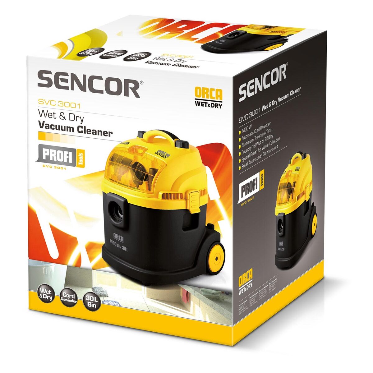 SENCOR usisivač s vrećicom SVC 3001YL ORCA za mokro i suho usisavanje, 1400 W