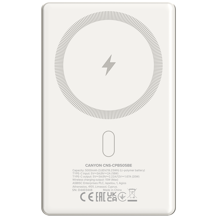 CANYON prenosna baterija OnPower 505 slim Magnetic 5000 mAh PD20W bež