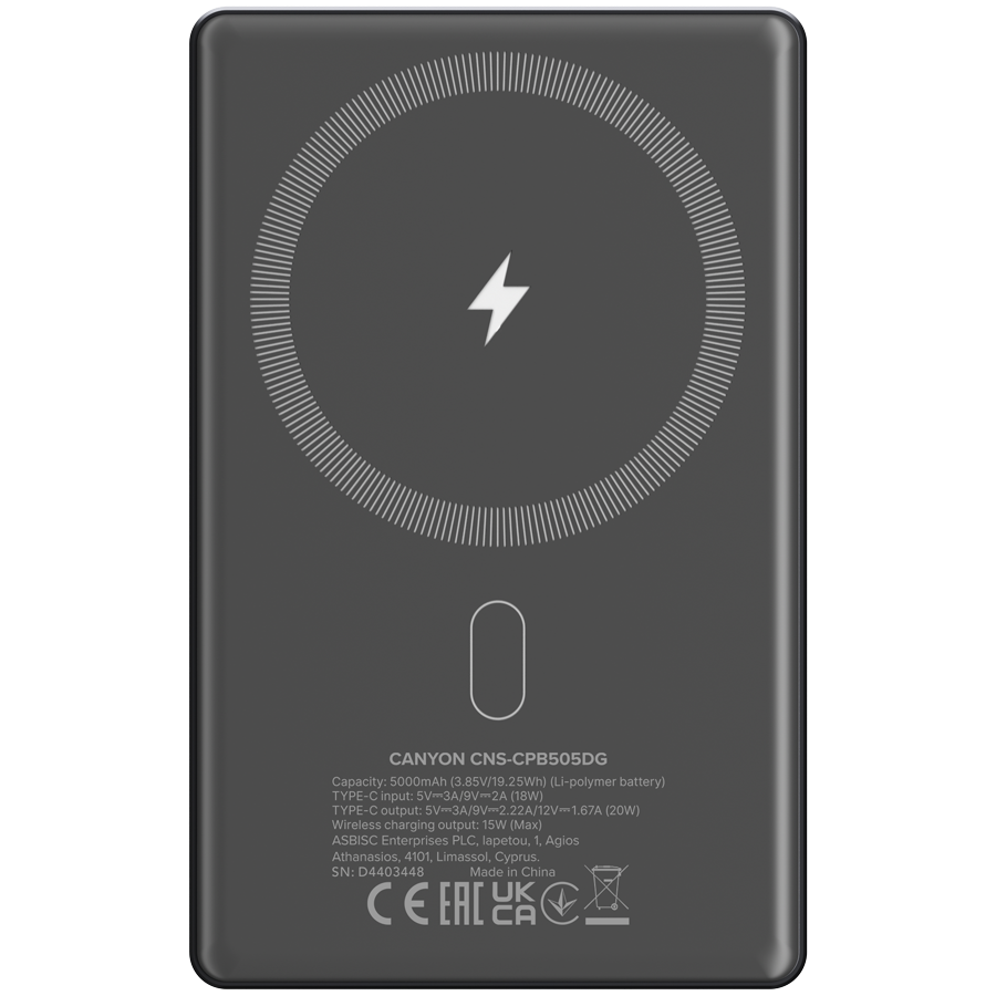 CANYON prenosna baterija OnPower 505 slim Magnetic 5000 mAh PD20W tamno siva