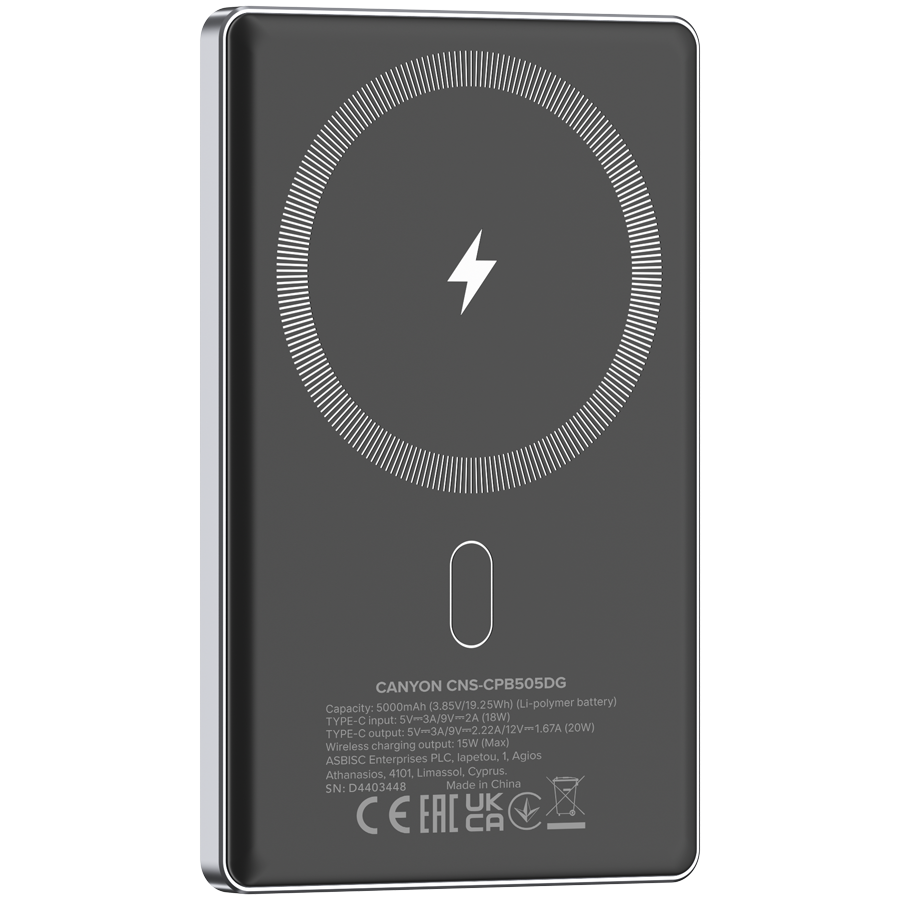 CANYON prenosna baterija OnPower 505 slim Magnetic 5000 mAh PD20W tamno siva