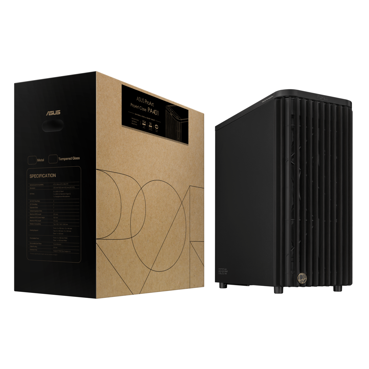 ASUS kućište PROART PA401 WOODMETAL, ATX, 7 Expansion slots,2x 160mm fans, 1x 120mm fan