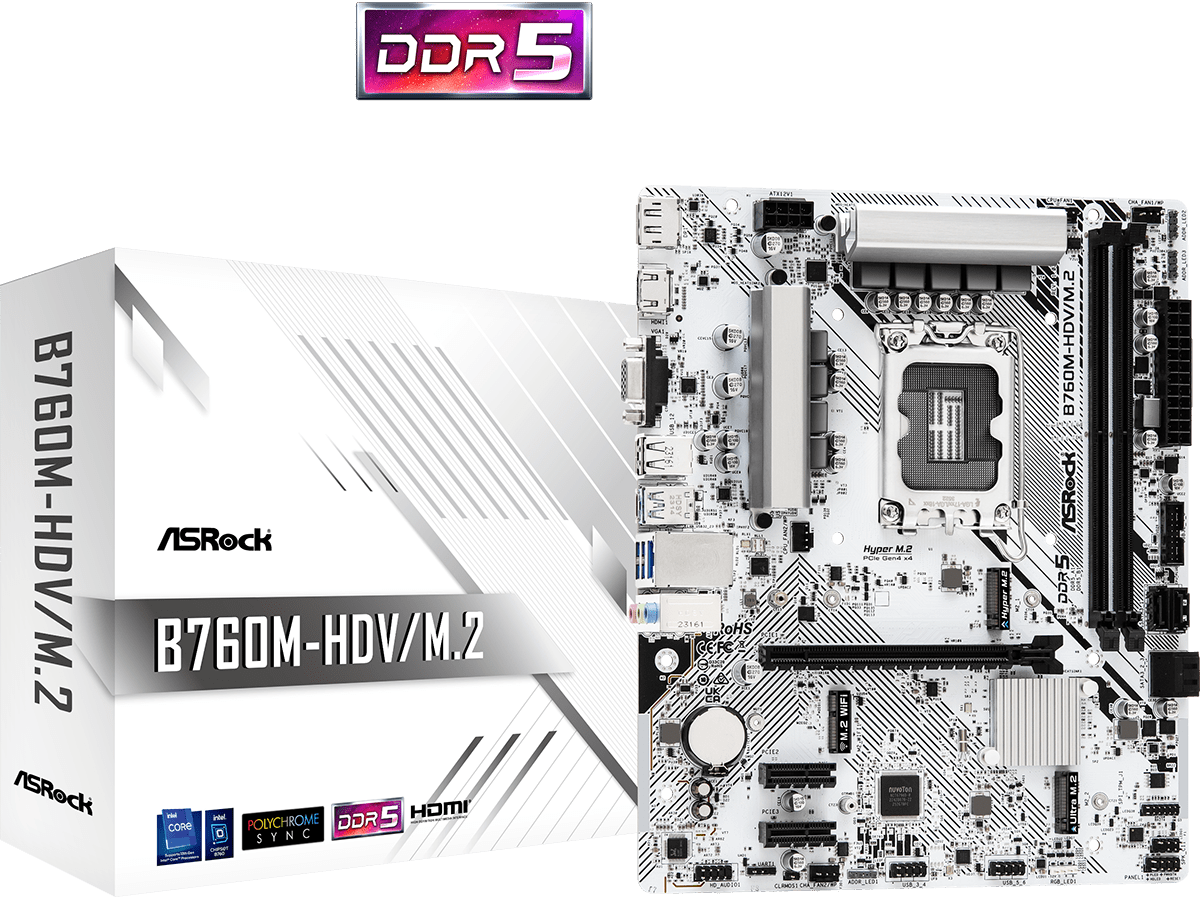 ASROCK matična ploča B760-HDV/M.2B760, LGA1700, 2xDDR5, 2xM.24xSATA,RAID,HDMI,DP,VGA,MicroATX, White