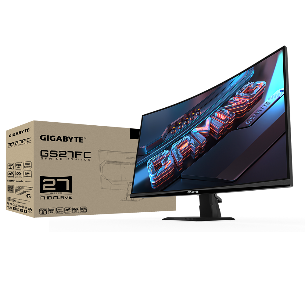GIGABYTE monitor GS27FC gaming zakrivljeni, 27, FullHD, VA, 250 cd/m2, HDR Ready, AMD FreeSync Premium, 180Hz, 1ms