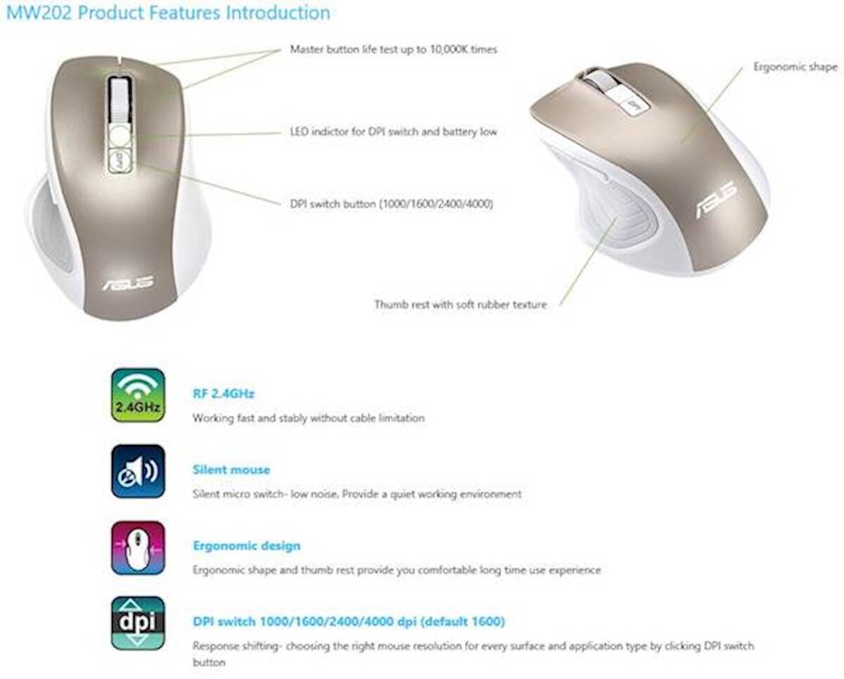 Mis ASUS MW202 Silent Wireless Mouse, tihi, bezicni, zlatni