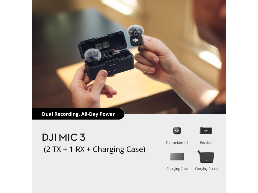 DJI Mic 3 (2TX+1RX+CC)mikrofon, prenos zvuka do 250m5.5h snimanja,48kHz 24 zvuk,OLED zaslon