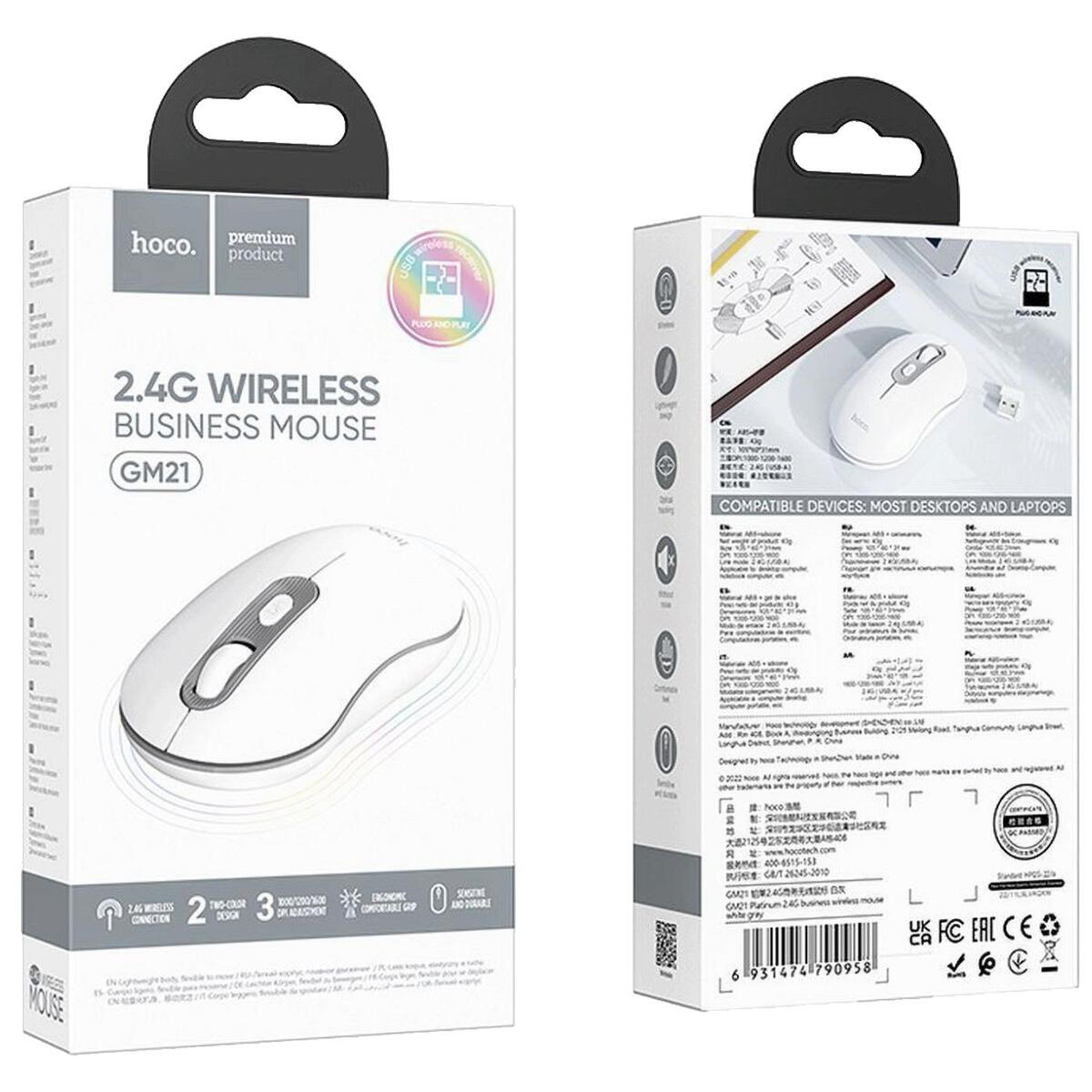hoco. Miš bežični, optički, 1600 dpi, 2.4 GHz, USB nano - GM21 Platinum White/Gray