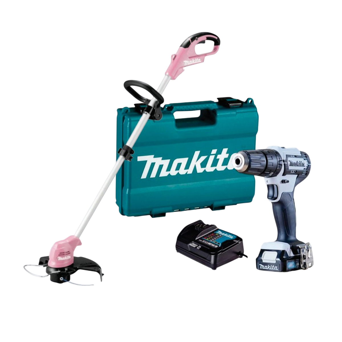 Makita aku set - Aku udarna bušilica 12V u setu sa baterijom 2.0 AH, punjačem i koferom + Aku trimer 12V