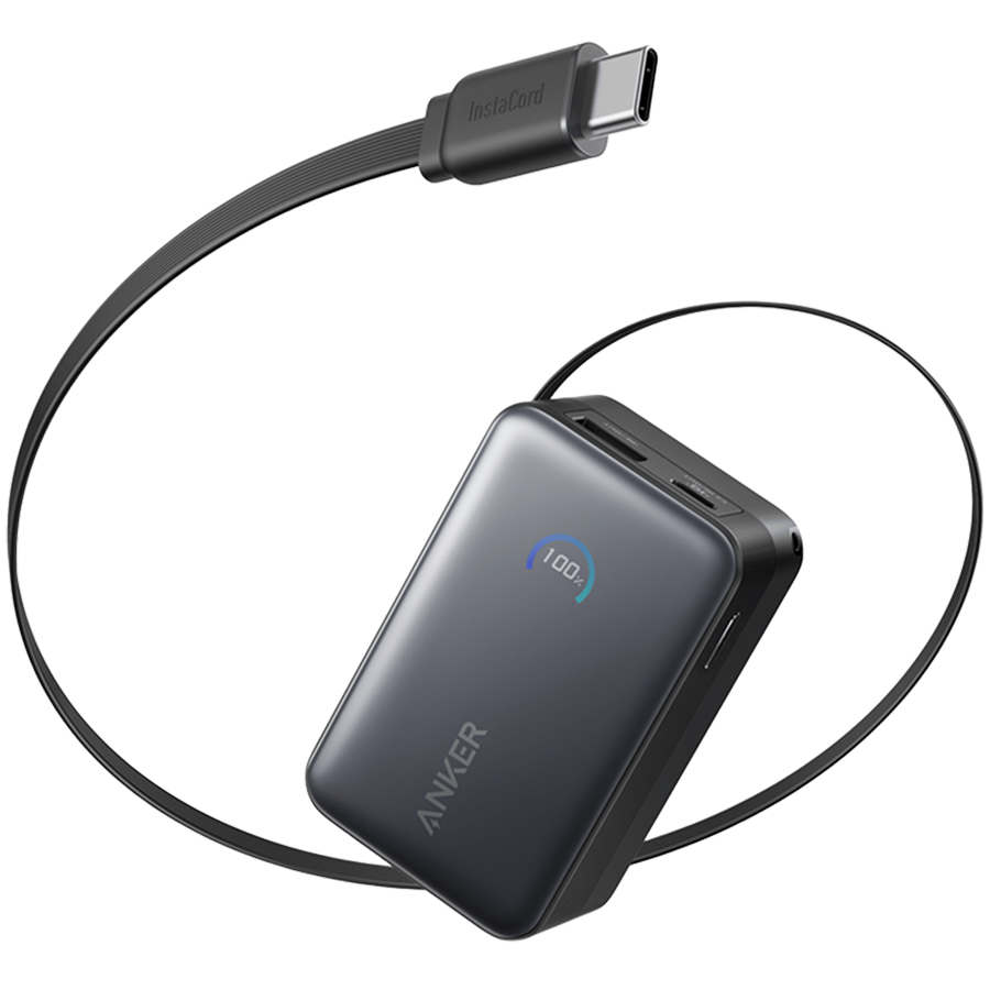 Anker Nano Power Bank (10K, 45W, ugrađeni uvlačivi USB-C kabel) crna