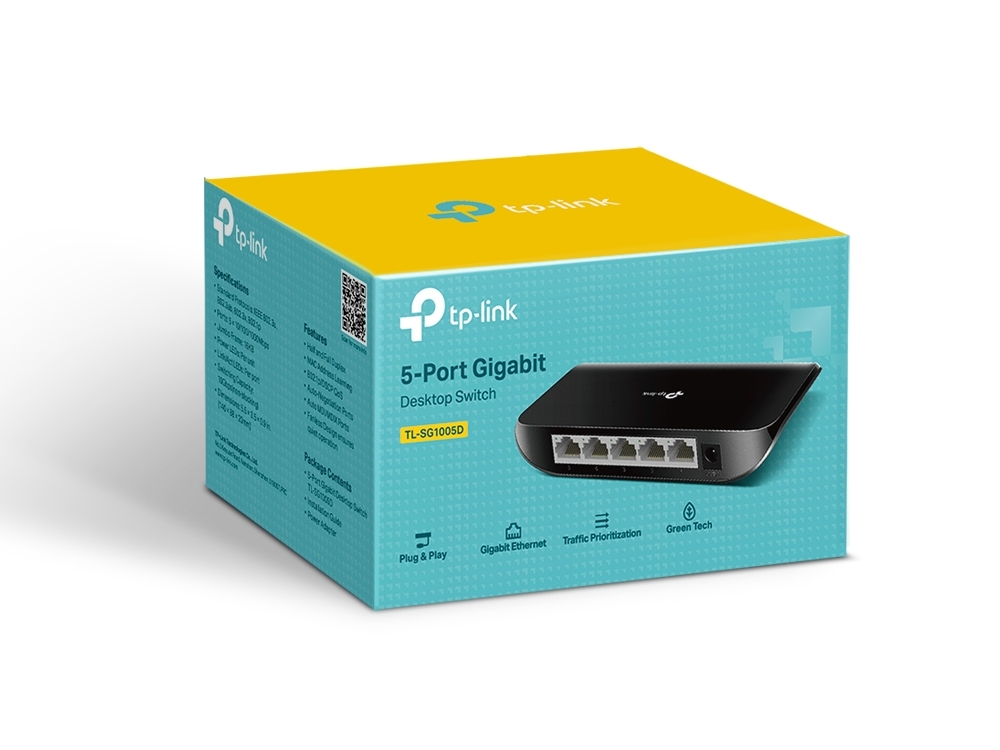 TP-Link switch TL-SG1005D, 5-Port Gigabit RJ45 10/100/1000Mbps desktop switch, 10Gbps Switching Capacity, Fanless, Auto Negotiation/Auto MDI/MDIX