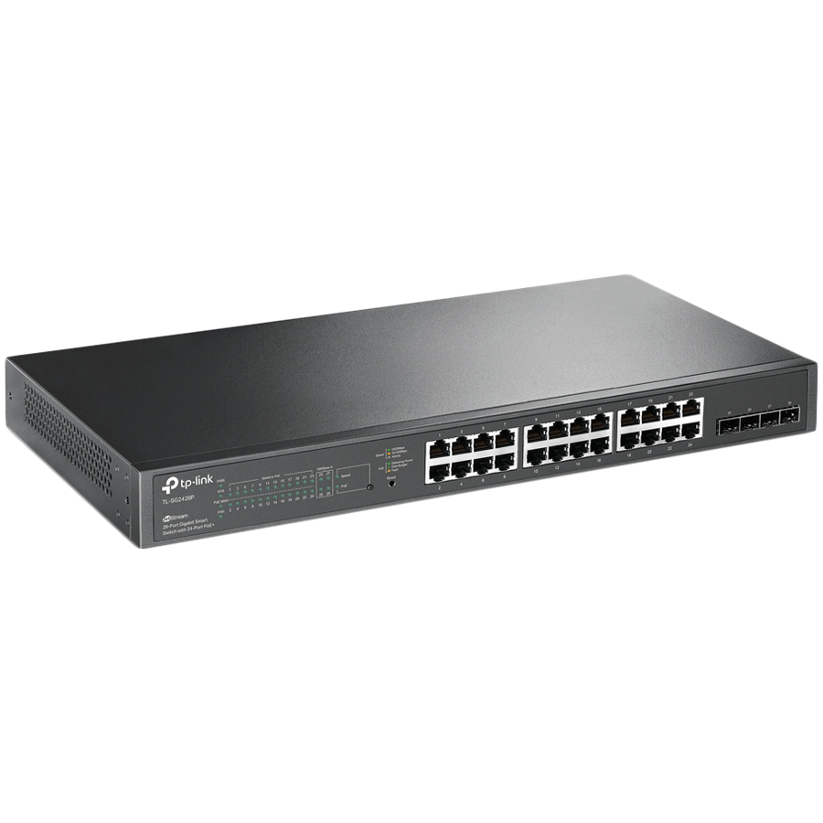 TP-Link SG2428P Omada 28-Port Gigabit Smart Switch with 24-Port PoE+, 24× Gigabit 802.3af/at PoE+ ports and 4× Gigabit SFP slots, 250 W total PoE budget, Omada app