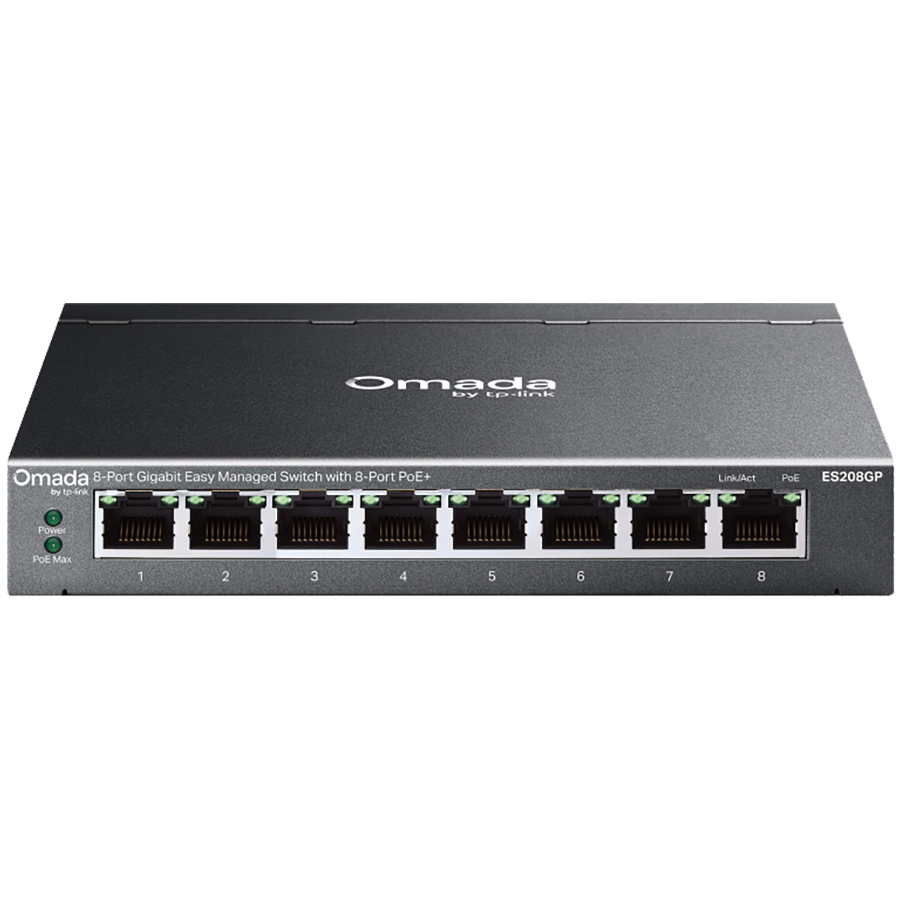 TP-Link ES208GP Omada 8-Port Gigabit Easy Managed Switch with 8-Port PoE+, 8x G PoE+ Ports, 802.3at/af, 64 W PoE Power, Desktop Steel Case and Fanless,Omada App
