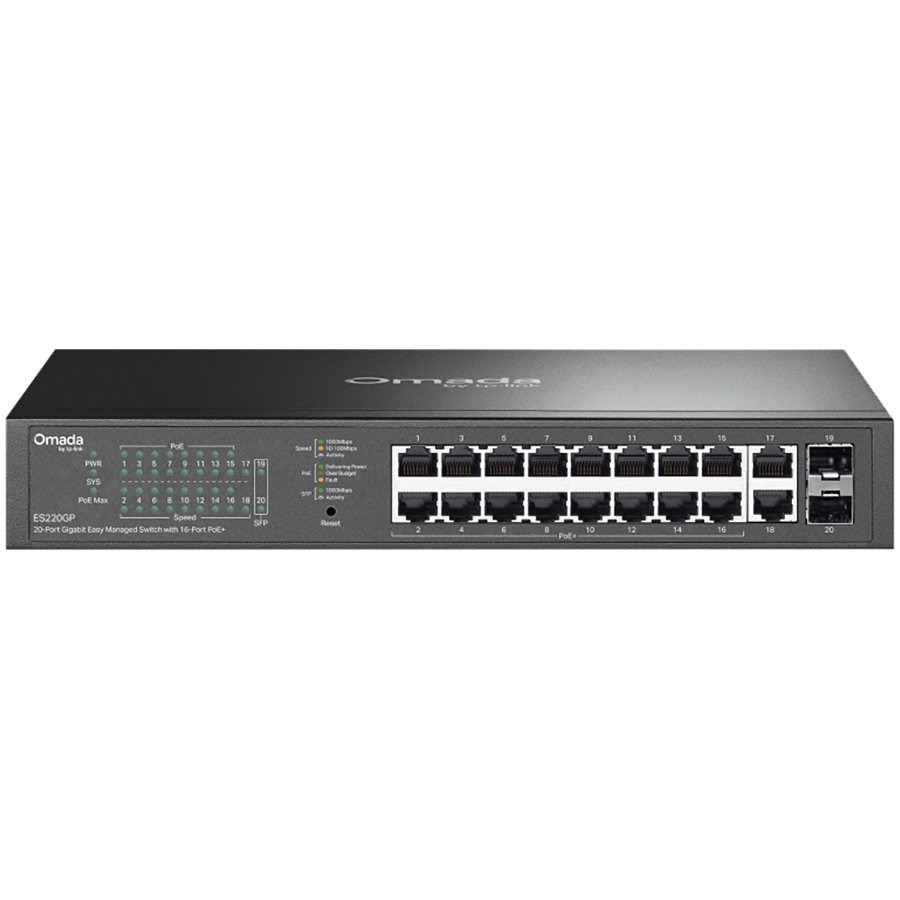 TP-Link ES220GP Omada 20-Port Gigabit Easy Managed Switch with 16-Port PoE+, 16x G PoE+ Ports, 2x G Non-PoE Ports, 2x G SFP Ports
