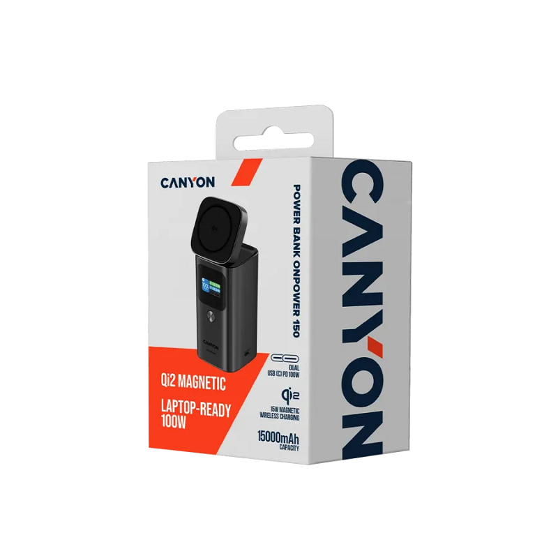 CANYON power bank, CNS-CPB150DG, Qi2 magnetic OnPower 150 15000mAh Aluminium Dark grey