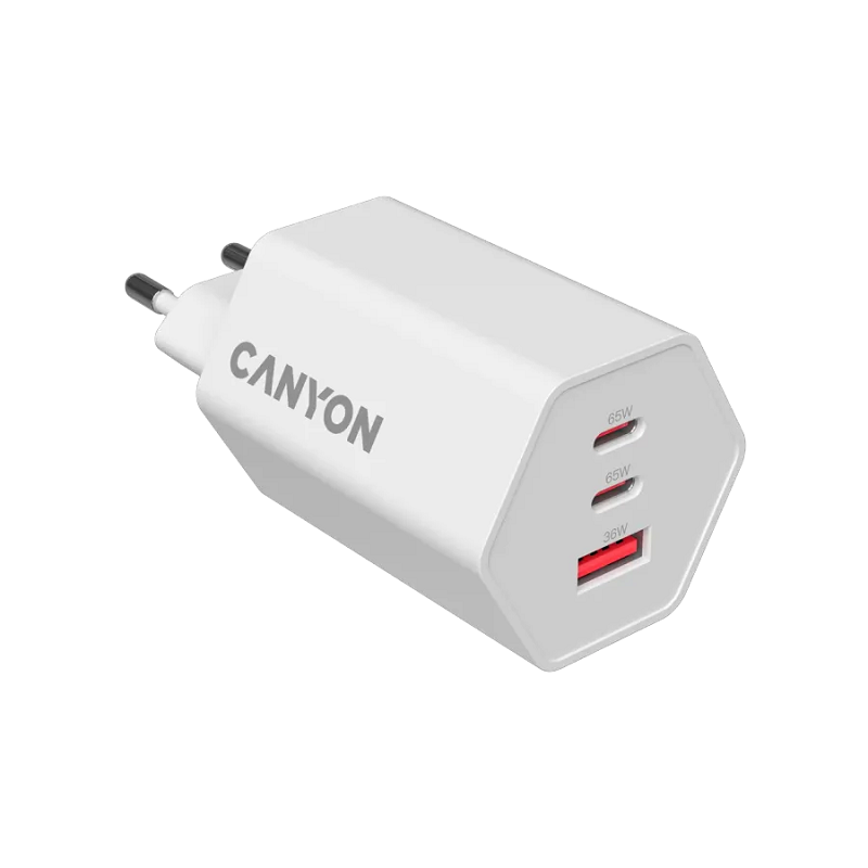 CANYON punjač HEXAGON 65 GaN 65W 2xPD 1xQC EU White