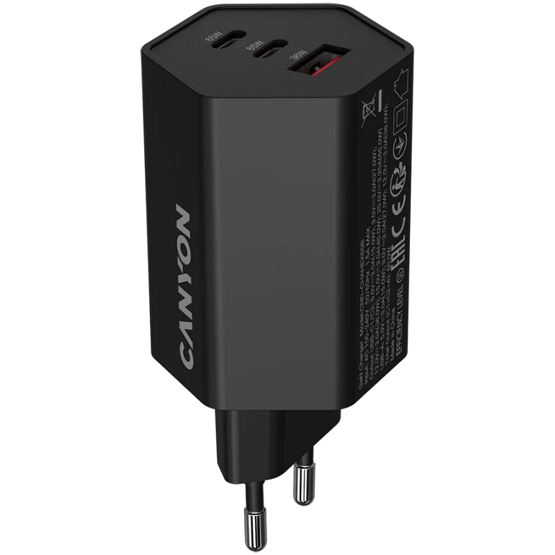 CANYON punjač HEXAGON 65 GaN 65W 2xPD 1xQC EU Black