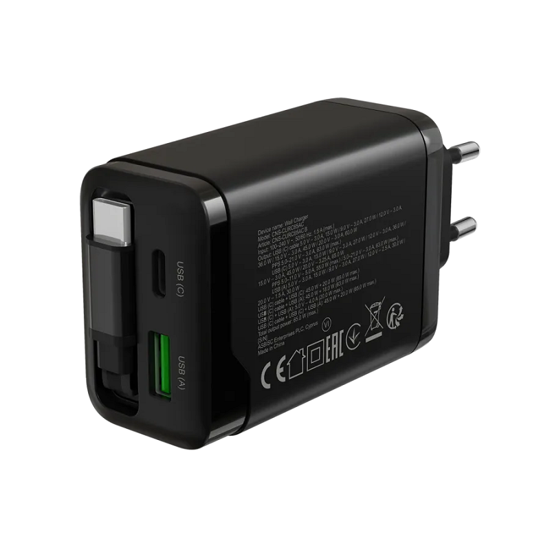 CANYON punjač OnCharge 65RC Build-In kabel USB-C 65W 1xPD 1xQC EU Black