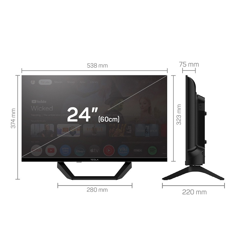 Tesla LED televizor 24E655BHS, HD Ready, Smart TV, Google, DC Adapter za automobil 12V, Crni