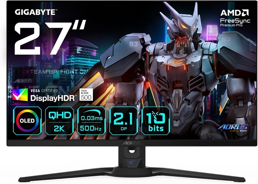 Gigabyte AORUS Gaming Monitor 27", QHD QD-OLED, 500Hz, 0.03ms, HDR True Black 500, 2x HDMI 2.1, DP 2.1, MiniDP, VESA
