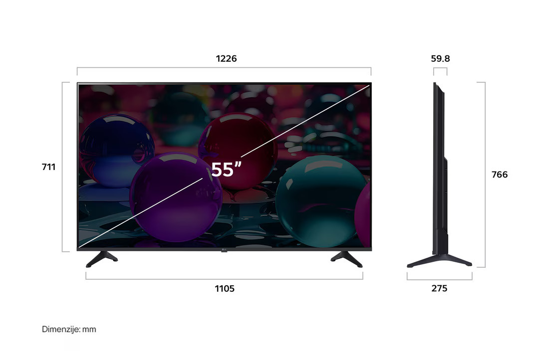 LG LED televizor 55UA73003LA, 4K Ultra HD, Smart TV, WebOS, HDR10 Pro, α7 AI procesor 4K Gen8, Crni