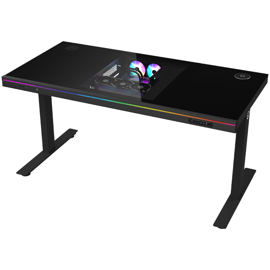 LORGAR LRG-DE90G Gaming stol, Dual-motor sit/stand adjustable-height, wireless charger, RGB lighting, tempered glass tabletop, black.