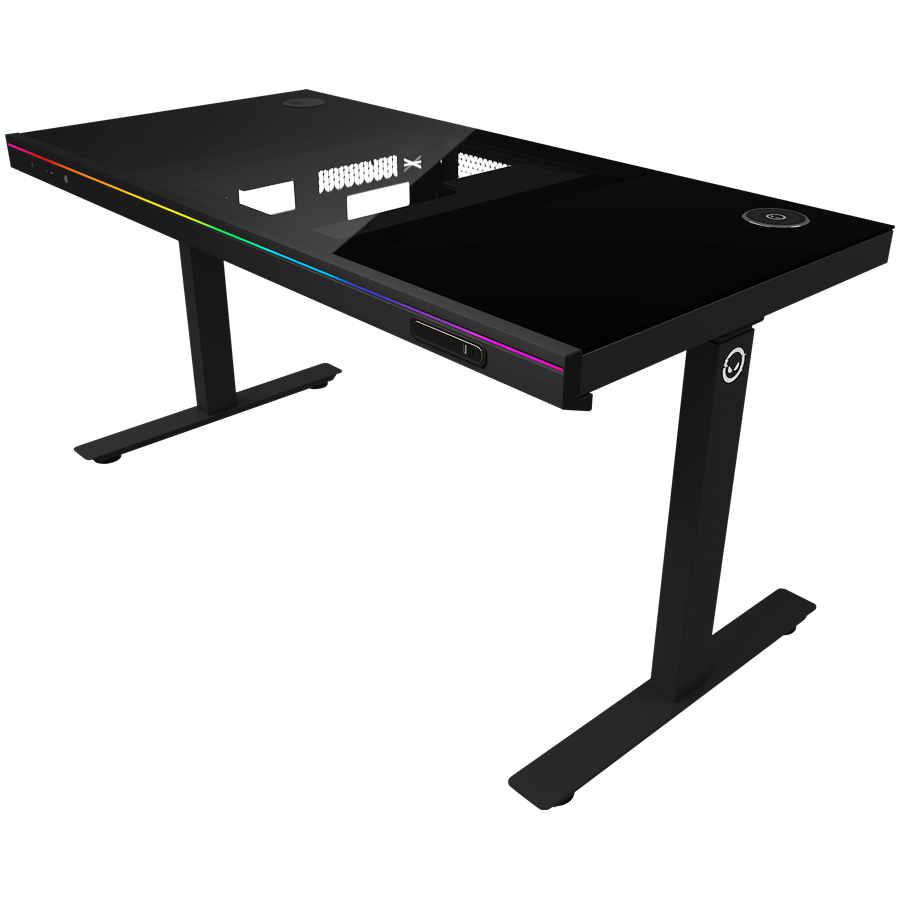 LORGAR LRG-DE90G Gaming stol, Dual-motor sit/stand adjustable-height, wireless charger, RGB lighting, tempered glass tabletop, black.