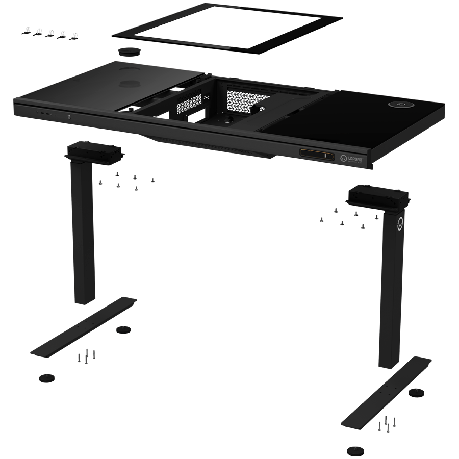 LORGAR LRG-DE90G Gaming stol, Dual-motor sit/stand adjustable-height, wireless charger, RGB lighting, tempered glass tabletop, black.