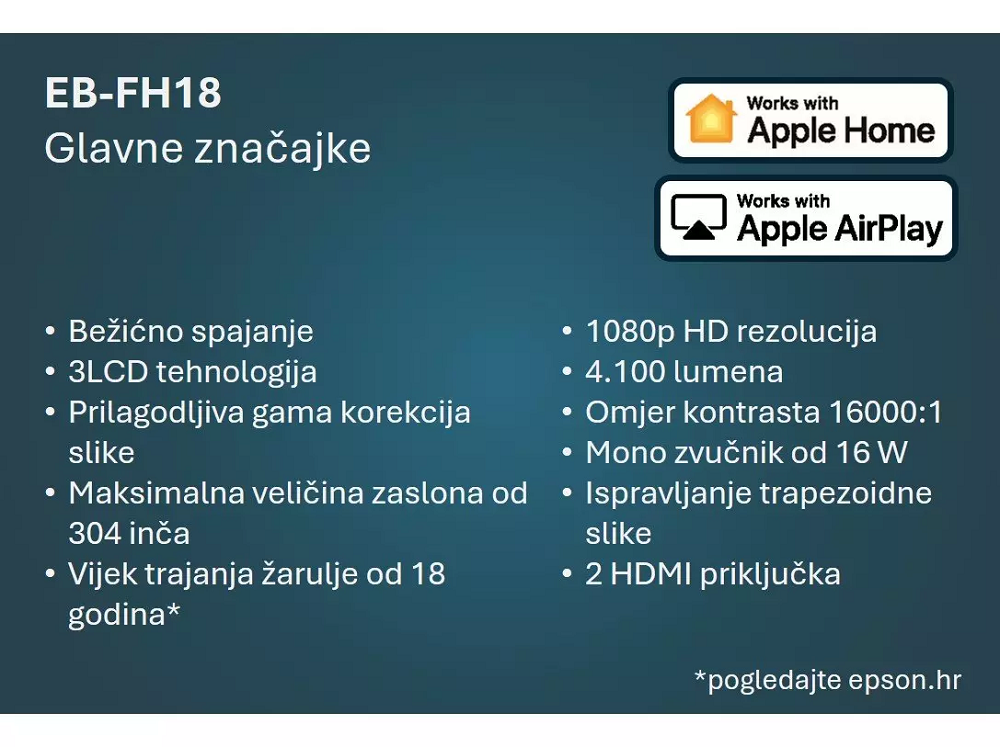EPSON projektor EB-FH18, 3LCD, Miracast, bijeli