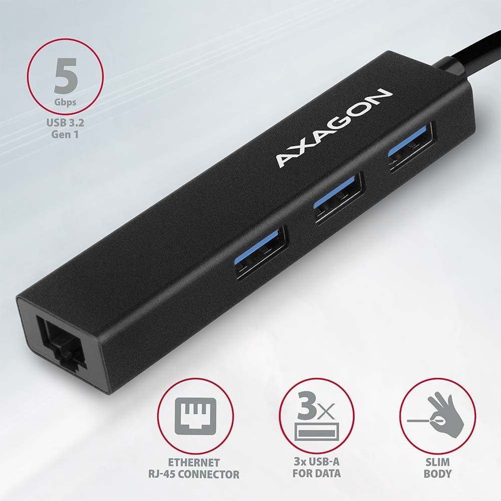 AXAGON USB HUB HMA-GL3A, 3x USB-A, Gigabit LAN, USB 3.2 Gen 1, 20cm USB-A kabel, crni