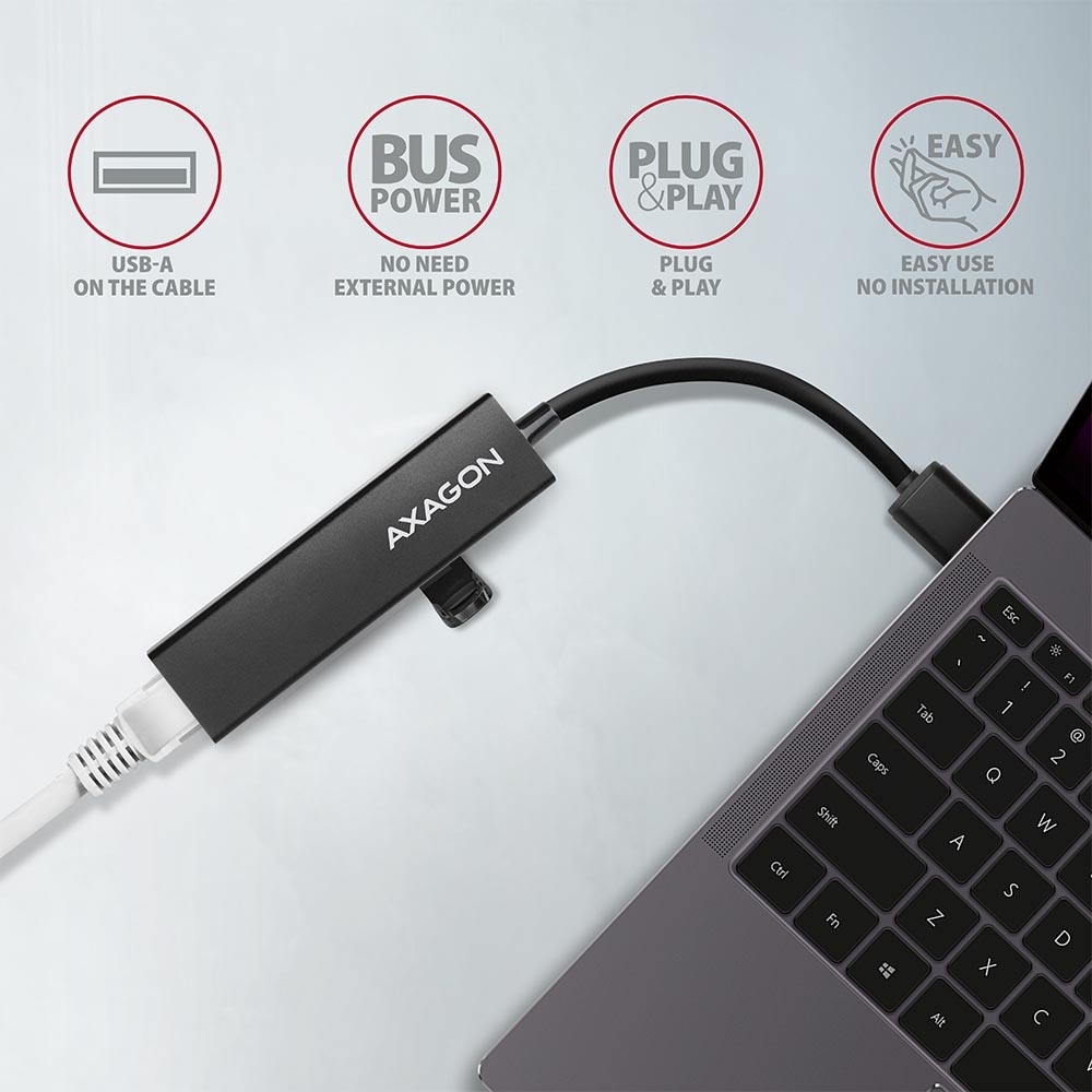 AXAGON USB HUB HMA-GL3A, 3x USB-A, Gigabit LAN, USB 3.2 Gen 1, 20cm USB-A kabel, crni