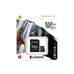 Kingston microSD 512GB Class10Canvas Select Plus, SD adapter100/85MBs, Class 10 UHS-I, U3, V30