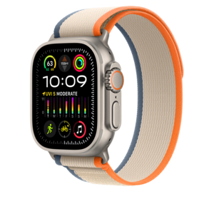 Apple Watch Ultra2 Cellular, 49mm Titanium Case w Orange/Beige Trail Loop - S/M