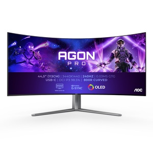 AOC monitor AG456UCZD gaming zakrivljeni AGON PRO, 45, WQHD, OLED, 1000 cd/m2, Adaptive Sync, HDR10, GDNUm DP, USB Type C, 240 Hz, 0.03ms