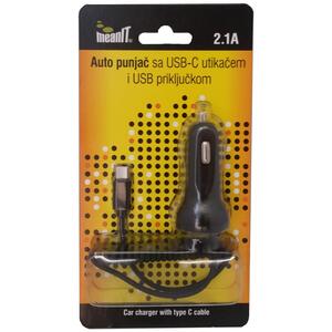 Meanit Punjač, auto, sa USB i USB type C priključkom, 2.1A - AUTO PUNJAČ SA USB C